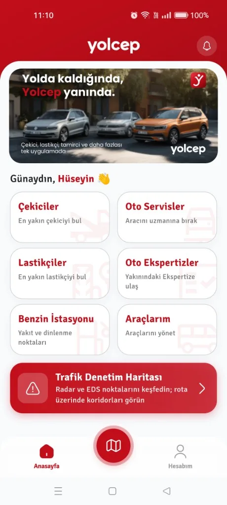 Yolcep uygulama anasayfa ekranı
