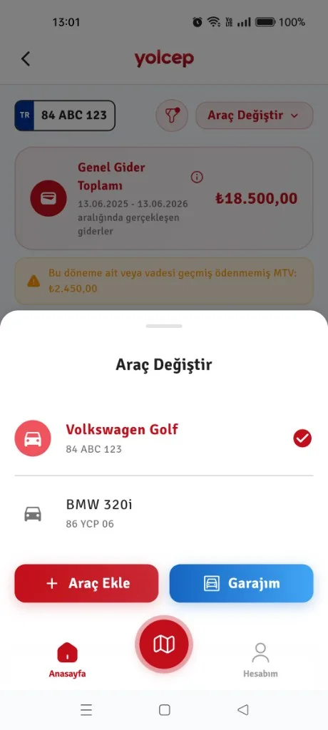 Yolcep araç değiştir ekranı