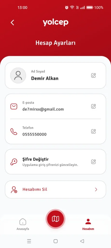Yolcep hesap ayarları ekranı